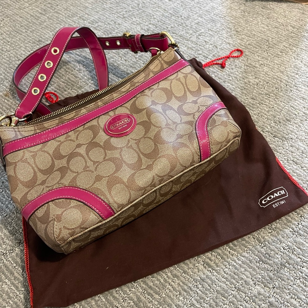 Coach Signature Canvas Shoulder Bag with Pink Patent Trim + Dust Bag